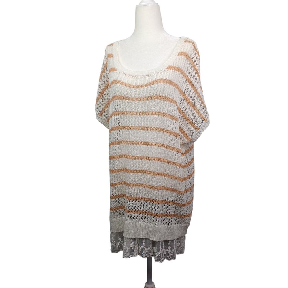 POL Women Open Crochet Knit Lace Hem Top Size L Cream Boho Hippie Coquette Flowy